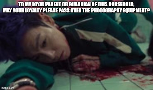 TO MY LOYAL PARENT OR GUARDIAN OF THIS HOUSEHOLD, MAY YOUR LOYALTY PLEASE PASS OVER THE PHOTOGRAPHY EQUIPMENT? | image tagged in tanos dead | made w/ Imgflip meme maker