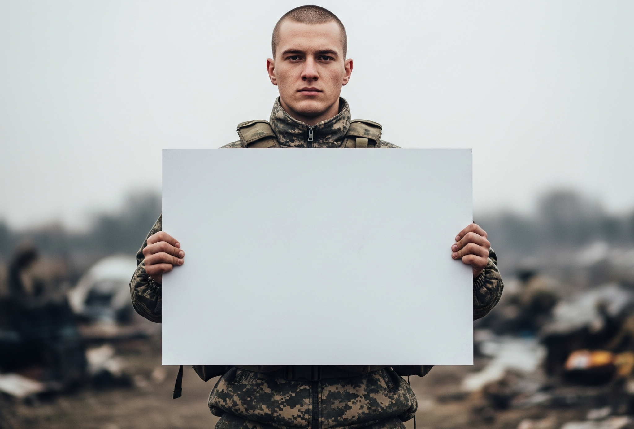 Soldier with a blank sign Blank Meme Template