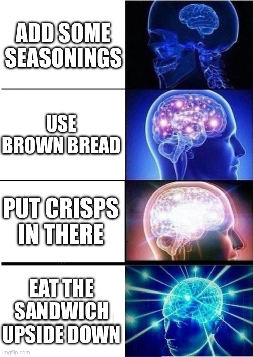 mind blown template | ADD SOME SEASONINGS; USE BROWN BREAD; PUT CRISPS IN THERE; EAT THE SANDWICH UPSIDE DOWN | image tagged in mind blown template | made w/ Imgflip meme maker