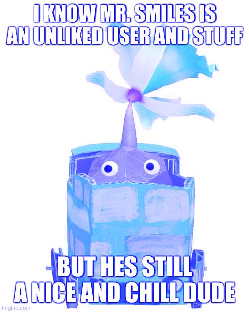 Train rock pikmin | I KNOW MR. SMILES IS AN UNLIKED USER AND STUFF; BUT HES STILL A NICE AND CHILL DUDE | image tagged in train rock pikmin | made w/ Imgflip meme maker