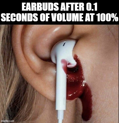 EARBUDS | EARBUDS AFTER 0.1 SECONDS OF VOLUME AT 100% | image tagged in memes | made w/ Imgflip meme maker