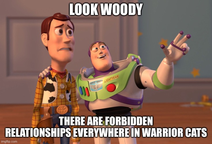 Forbidden Relationships | LOOK WOODY; THERE ARE FORBIDDEN RELATIONSHIPS EVERYWHERE IN WARRIOR CATS | image tagged in memes,x x everywhere | made w/ Imgflip meme maker