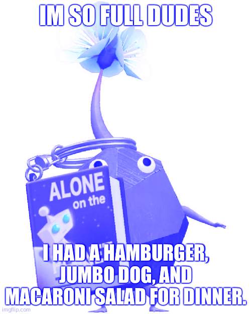Book rock pikmin | IM SO FULL DUDES; I HAD A HAMBURGER, JUMBO DOG, AND MACARONI SALAD FOR DINNER. | image tagged in book rock pikmin | made w/ Imgflip meme maker