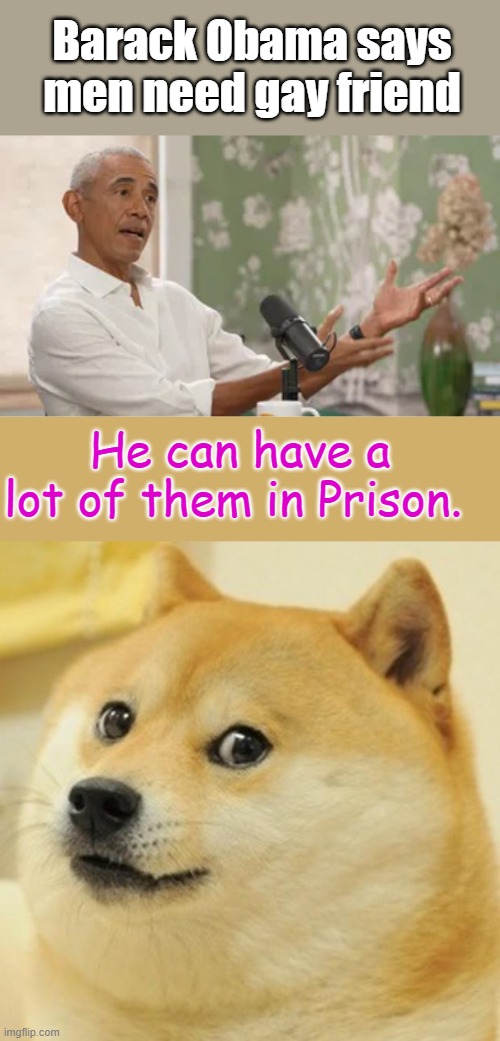 Barack Obama says men need gay friend; He can have a lot of them in Prison. | image tagged in memes,doge | made w/ Imgflip meme maker