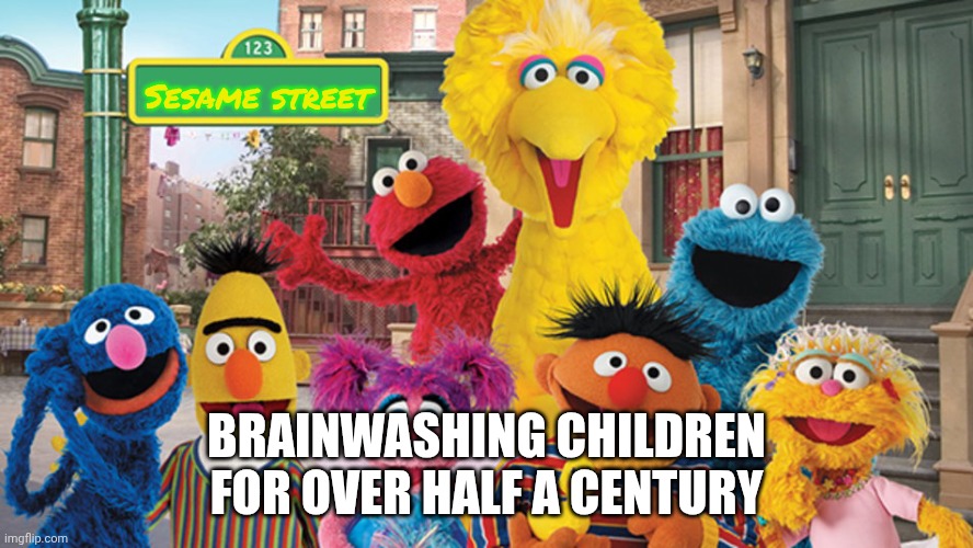 Sesame Street Blank Sign | Sesame street BRAINWASHING CHILDREN FOR OVER HALF A CENTURY | image tagged in sesame street blank sign | made w/ Imgflip meme maker