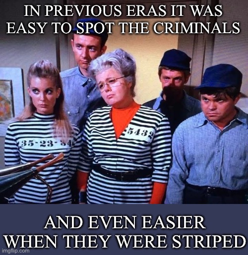 Stripes | IN PREVIOUS ERAS IT WAS EASY TO SPOT THE CRIMINALS; AND EVEN EASIER WHEN THEY WERE STRIPED | image tagged in criminals,prisoners,prisoner,spot the difference,stripes | made w/ Imgflip meme maker