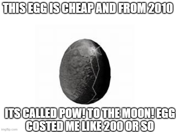 THIS EGG IS CHEAP AND FROM 2010 ITS CALLED POW! TO THE MOON! EGG
COSTED ME LIKE 200 OR SO | made w/ Imgflip meme maker