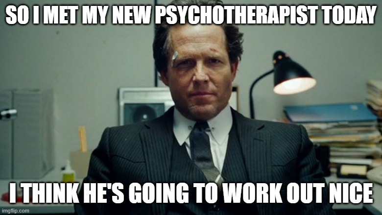 Mayhem | SO I MET MY NEW PSYCHOTHERAPIST TODAY; I THINK HE'S GOING TO WORK OUT NICE | image tagged in mayhem,mental illness,psychotherapist | made w/ Imgflip meme maker