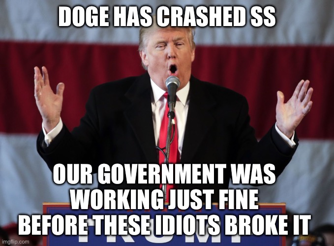 Make america great again | DOGE HAS CRASHED SS; OUR GOVERNMENT WAS WORKING JUST FINE BEFORE THESE IDIOTS BROKE IT | image tagged in make america great again | made w/ Imgflip meme maker