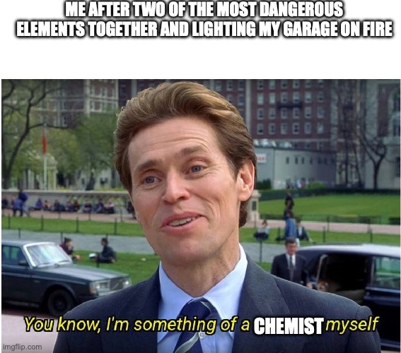 Title | ME AFTER TWO OF THE MOST DANGEROUS ELEMENTS TOGETHER AND LIGHTING MY GARAGE ON FIRE; CHEMIST | image tagged in you know i'm something of a _ myself,science | made w/ Imgflip meme maker