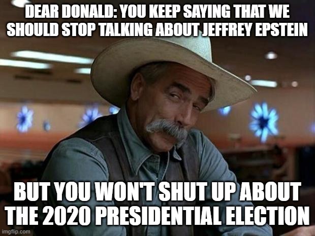 special kind of stupid | DEAR DONALD: YOU KEEP SAYING THAT WE SHOULD STOP TALKING ABOUT JEFFREY EPSTEIN; BUT YOU WON'T SHUT UP ABOUT THE 2020 PRESIDENTIAL ELECTION | image tagged in special kind of stupid | made w/ Imgflip meme maker