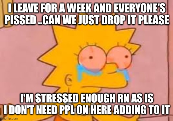 Like bro why is my girl that fucking pissed at me | I LEAVE FOR A WEEK AND EVERYONE'S PISSED ..CAN WE JUST DROP IT PLEASE; I'M STRESSED ENOUGH RN AS IS I DON'T NEED PPL ON HERE ADDING TO IT | image tagged in crying lisa simpson | made w/ Imgflip meme maker
