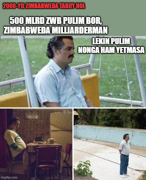 Sad Pablo Escobar | 2008-YIL ZIMBABWEDA TABIIY HOL; 500 MLRD ZWB PULIM BOR, ZIMBABWEDA MILLIARDERMAN; LEKIN PULIM NONGA HAM YETMASA | image tagged in memes,sad pablo escobar | made w/ Imgflip meme maker