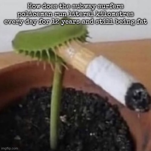 plant weeds | How does the subway surfers policeman run literal kilometres every day for 12 years and still being fat | image tagged in plant weeds | made w/ Imgflip meme maker
