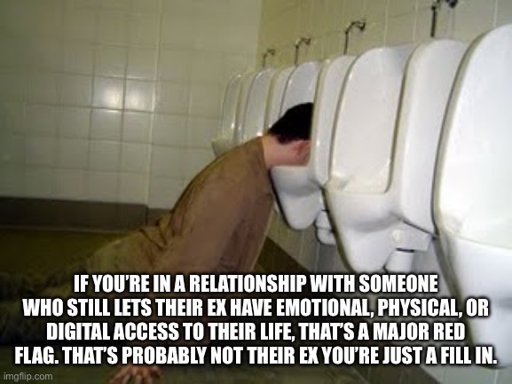 Guess | IF YOU’RE IN A RELATIONSHIP WITH SOMEONE WHO STILL LETS THEIR EX HAVE EMOTIONAL, PHYSICAL, OR DIGITAL ACCESS TO THEIR LIFE, THAT’S A MAJOR RED FLAG. THAT’S PROBABLY NOT THEIR EX YOU’RE JUST A FILL IN. | image tagged in bad drinking decisions | made w/ Imgflip meme maker