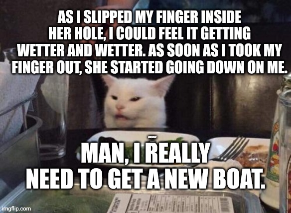 Smudge that darn cat | AS I SLIPPED MY FINGER INSIDE HER HOLE, I COULD FEEL IT GETTING WETTER AND WETTER. AS SOON AS I TOOK MY FINGER OUT, SHE STARTED GOING DOWN ON ME. MAN, I REALLY NEED TO GET A NEW BOAT. | image tagged in smudge that darn cat | made w/ Imgflip meme maker
