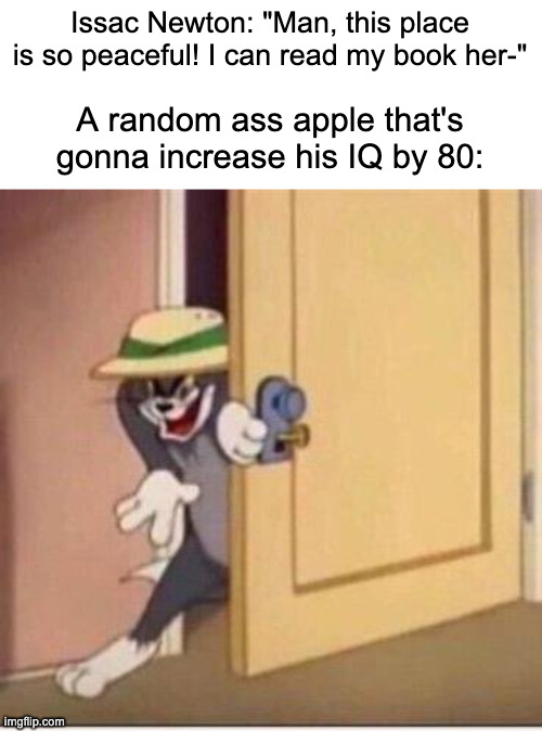 Sneaky tom | Issac Newton: "Man, this place is so peaceful! I can read my book her-"; A random ass apple that's gonna increase his IQ by 80: | image tagged in sneaky tom | made w/ Imgflip meme maker