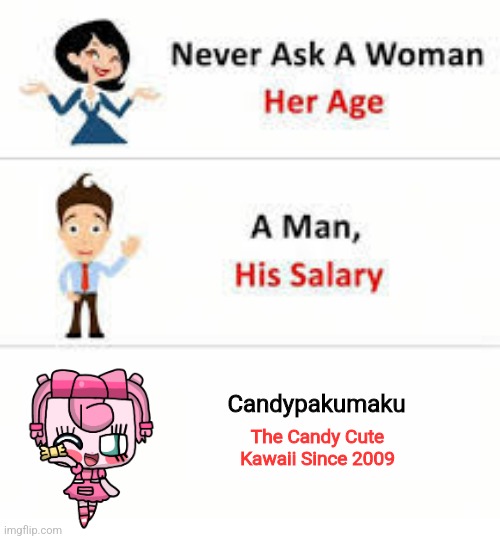 Cute (⁠ʘ⁠ᴗ⁠ʘ⁠✿⁠)(⁠≧⁠▽⁠≦⁠) | Candypakumaku; The Candy Cute Kawaii Since 2009 | image tagged in never ask a woman her age | made w/ Imgflip meme maker