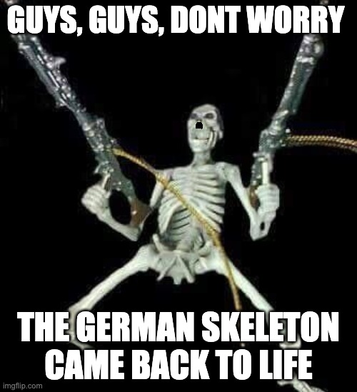 necromancer status update: | GUYS, GUYS, DONT WORRY; THE GERMAN SKELETON CAME BACK TO LIFE | image tagged in skeleton with guns meme | made w/ Imgflip meme maker