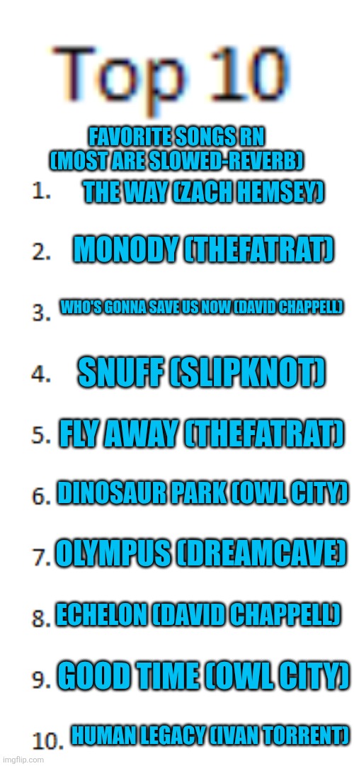 my first post in awhile | FAVORITE SONGS RN
(MOST ARE SLOWED-REVERB); THE WAY (ZACH HEMSEY); MONODY (THEFATRAT); WHO'S GONNA SAVE US NOW (DAVID CHAPPELL); SNUFF (SLIPKNOT); FLY AWAY (THEFATRAT); DINOSAUR PARK (OWL CITY); OLYMPUS (DREAMCAVE); ECHELON (DAVID CHAPPELL); GOOD TIME (OWL CITY); HUMAN LEGACY (IVAN TORRENT) | image tagged in top 10 list | made w/ Imgflip meme maker