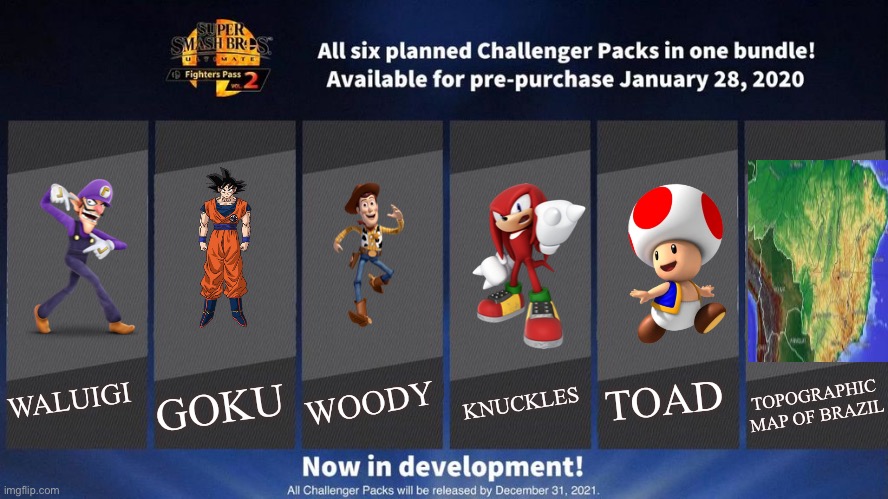 Fighters Pass Vol. 2 meme version 3 | WOODY; GOKU; KNUCKLES; TOAD; TOPOGRAPHIC MAP OF BRAZIL; WALUIGI | image tagged in fighters pass vol 2 meme version 3 | made w/ Imgflip meme maker