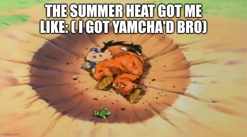 yamcha dead | THE SUMMER HEAT GOT ME LIKE: ( I GOT YAMCHA'D BRO) | image tagged in yamcha dead | made w/ Imgflip meme maker