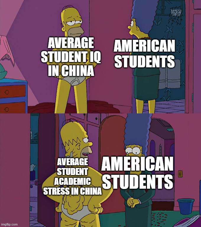 At least students in China have a bright future if they succeed | AVERAGE STUDENT IQ IN CHINA; AMERICAN STUDENTS; AMERICAN STUDENTS; AVERAGE STUDENT ACADEMIC STRESS IN CHINA | image tagged in homer simpson's back fat,ccp,school meme,satire,china | made w/ Imgflip meme maker