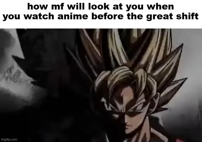 Goku Staring | how mf will look at you when you watch anime before the great shift | image tagged in goku staring,anime,memes | made w/ Imgflip meme maker