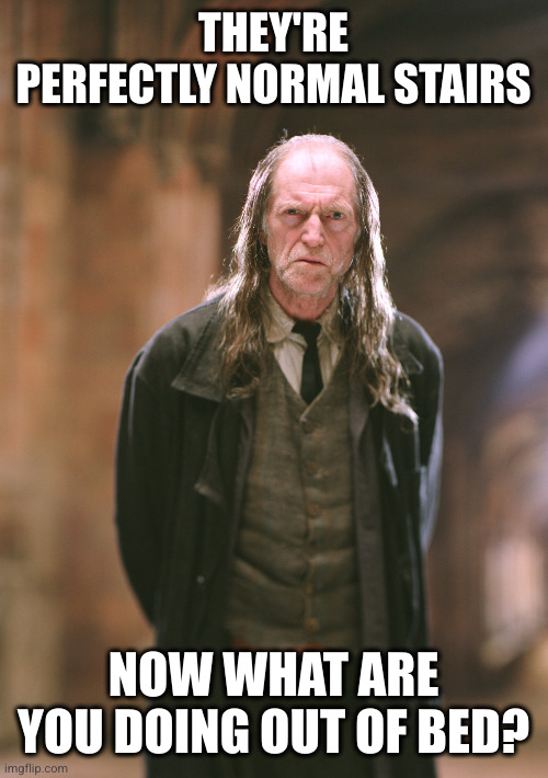 Argus Filch | THEY'RE PERFECTLY NORMAL STAIRS NOW WHAT ARE YOU DOING OUT OF BED? | image tagged in argus filch | made w/ Imgflip meme maker