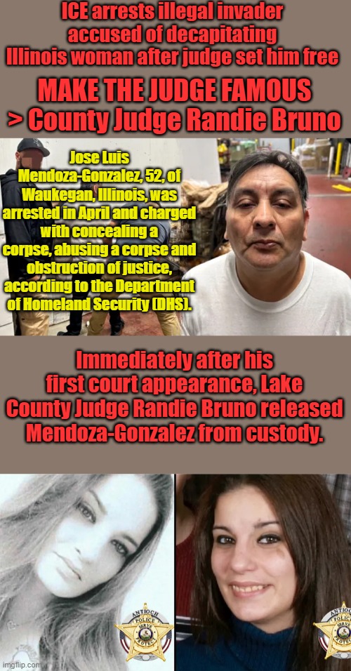 ICE arrests illegal invader accused of decapitating Illinois woman after judge set him free; MAKE THE JUDGE FAMOUS > County Judge Randie Bruno; Jose Luis Mendoza-Gonzalez, 52, of Waukegan, Illinois, was arrested in April and charged with concealing a corpse, abusing a corpse and obstruction of justice, according to the Department of Homeland Security (DHS). Immediately after his first court appearance, Lake County Judge Randie Bruno released Mendoza-Gonzalez from custody. | made w/ Imgflip meme maker