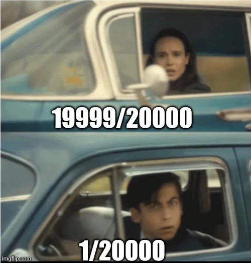 Rutherford's experiment | 19999/20000; 1/20000 | image tagged in cars passing each other,science,chemistry | made w/ Imgflip meme maker