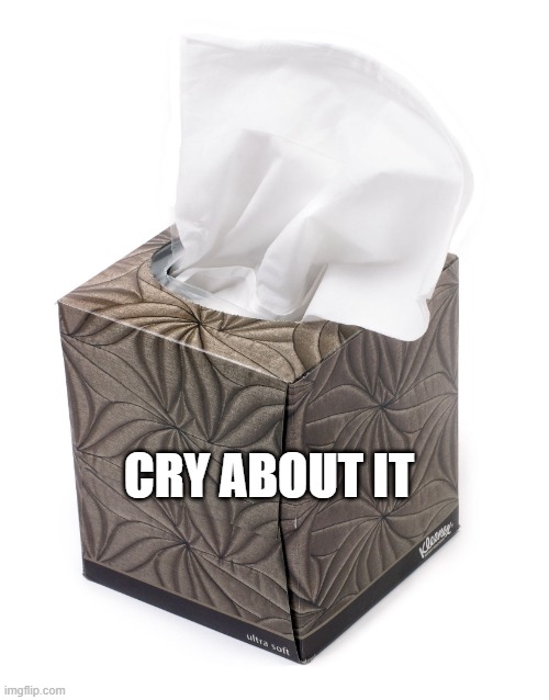 cry about it | CRY ABOUT IT | image tagged in tissue,cry about it | made w/ Imgflip meme maker