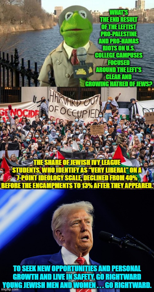 Ta-da!  Consequences . . . something that all spoiled leftist 'men and women' need to discover. | WHAT'S THE END RESULT OF THE LEFTIST PRO-PALESTINE AND PRO-HAMAS RIOTS ON U.S. COLLEGE CAMPUSES FOCUSED AROUND THE LEFT'S CLEAR AND GROWING HATRED OF JEWS? THE SHARE OF JEWISH IVY LEAGUE STUDENTS, WHO IDENTIFY AS “VERY LIBERAL” ON A 7-POINT IDEOLOGY SCALE, DECLINED FROM 40% BEFORE THE ENCAMPMENTS TO 13% AFTER THEY APPEARED. TO SEEK NEW OPPORTUNITIES AND PERSONAL GROWTH AND LIVE IN SAFETY, GO RIGHTWARD YOUNG JEWISH MEN AND WOMEN . . . GO RIGHTWARD. | image tagged in yep | made w/ Imgflip meme maker