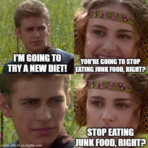 Junk Food | I'M GOING TO TRY A NEW DIET! YOU'RE GOING TO STOP EATING JUNK FOOD, RIGHT? STOP EATING JUNK FOOD, RIGHT? | image tagged in anakin padme 4 panel | made w/ Imgflip meme maker
