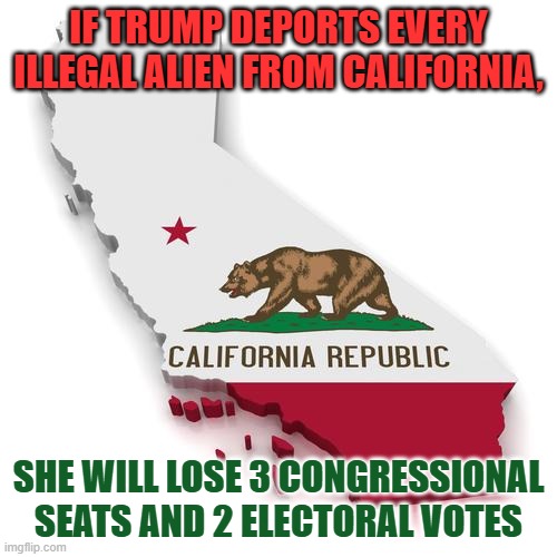 Now you Know | IF TRUMP DEPORTS EVERY ILLEGAL ALIEN FROM CALIFORNIA, SHE WILL LOSE 3 CONGRESSIONAL SEATS AND 2 ELECTORAL VOTES | image tagged in california | made w/ Imgflip meme maker