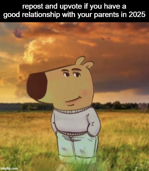 no gif cuz they're screwed | repost and upvote if you have a good relationship with your parents in 2025 | image tagged in chill guy | made w/ Imgflip meme maker
