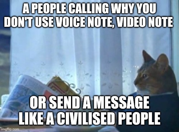 civilised | A PEOPLE CALLING WHY YOU DON'T USE VOICE NOTE, VIDEO NOTE; OR SEND A MESSAGE LIKE A CIVILISED PEOPLE | image tagged in memes,i should buy a boat cat | made w/ Imgflip meme maker