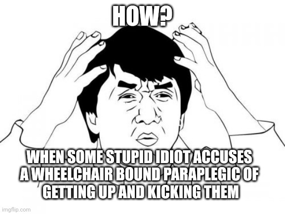 Super High | HOW? WHEN SOME STUPID IDIOT ACCUSES 
A WHEELCHAIR BOUND PARAPLEGIC OF 
GETTING UP AND KICKING THEM | image tagged in memes,jackie chan wtf | made w/ Imgflip meme maker