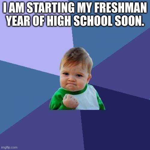 High school starts soon | I AM STARTING MY FRESHMAN YEAR OF HIGH SCHOOL SOON. | image tagged in memes,success kid | made w/ Imgflip meme maker