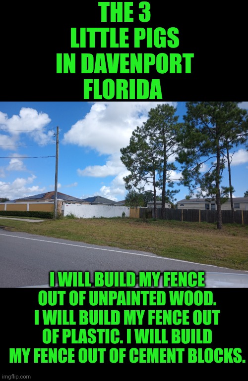 Funny | THE 3 LITTLE PIGS IN DAVENPORT FLORIDA; I WILL BUILD MY FENCE OUT OF UNPAINTED WOOD. I WILL BUILD MY FENCE OUT OF PLASTIC. I WILL BUILD MY FENCE OUT OF CEMENT BLOCKS. | image tagged in funny,storm,florida,construction,common sense,intelligence | made w/ Imgflip meme maker