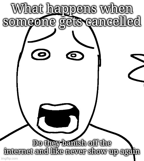 Shock | What happens when someone gets cancelled; Do they banish off the internet and like never show up again | image tagged in shock | made w/ Imgflip meme maker