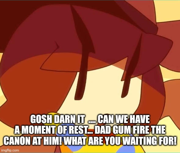 angy | GOSH DARN IT  .... CAN WE HAVE A MOMENT OF REST... DAD GUM FIRE THE CANON AT HIM! WHAT ARE YOU WAITING FOR! | image tagged in angy | made w/ Imgflip meme maker