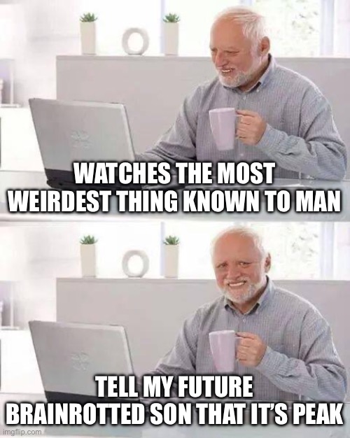 Future brainrot | WATCHES THE MOST WEIRDEST THING KNOWN TO MAN; TELL MY FUTURE BRAINROTTED SON THAT IT’S PEAK | image tagged in memes,hide the pain harold,future,children,brainrot,help me | made w/ Imgflip meme maker