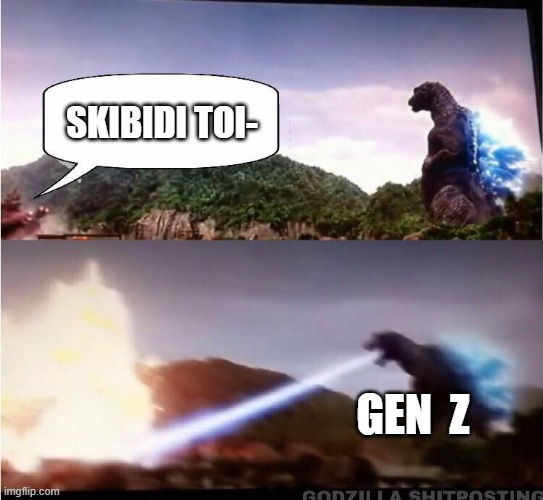 POV gen z | SKIBIDI TOI-; GEN  Z | image tagged in godzilla atomic breath | made w/ Imgflip meme maker