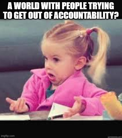 Little girl Dunno | A WORLD WITH PEOPLE TRYING TO GET OUT OF ACCOUNTABILITY? | image tagged in little girl dunno | made w/ Imgflip meme maker