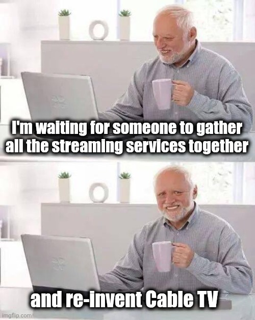 Hide the Pain Harold Meme | I'm waiting for someone to gather all the streaming services together and re-invent Cable TV | image tagged in memes,hide the pain harold | made w/ Imgflip meme maker