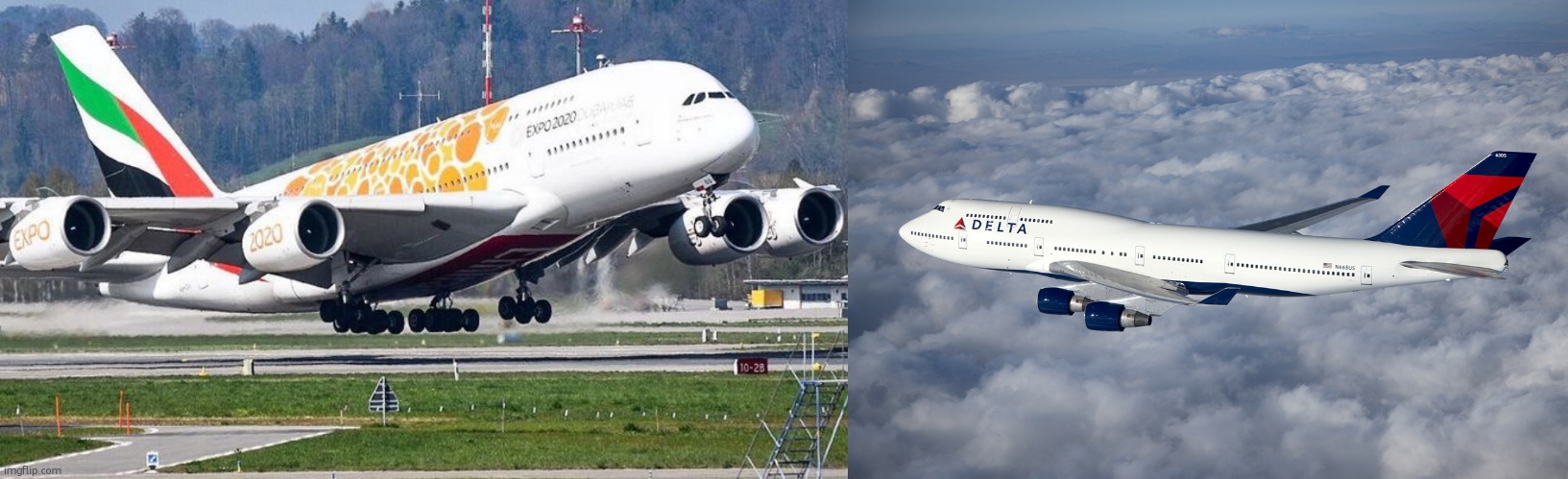 image tagged in airbus a380,delta boeing 747-400 | made w/ Imgflip meme maker