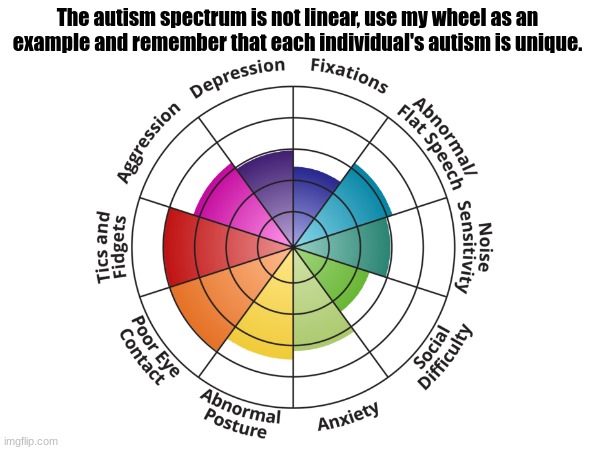 The autism spectrum is not linear. | The autism spectrum is not linear, use my wheel as an example and remember that each individual's autism is unique. | image tagged in autism | made w/ Imgflip meme maker