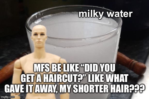 Milky water | MFS BE LIKE “DID YOU GET A HAIRCUT?” LIKE WHAT GAVE IT AWAY, MY SHORTER HAIR??? | image tagged in milky water | made w/ Imgflip meme maker