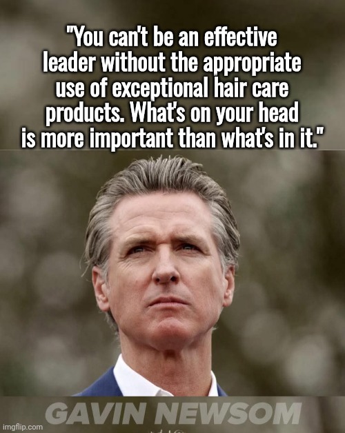 Gavin Newsom on hair gel | "You can't be an effective leader without the appropriate use of exceptional hair care products. What's on your head is more important than what's in it." | image tagged in gavin,hair | made w/ Imgflip meme maker